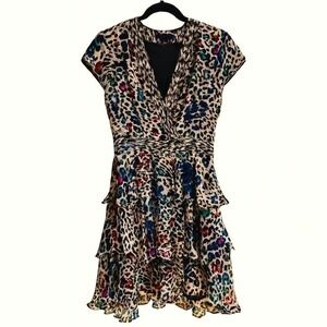 Marchesa Voyage‎ Size 4 Silk Leopard Print Mini Dress Tiered Ruffle Luxe Glam